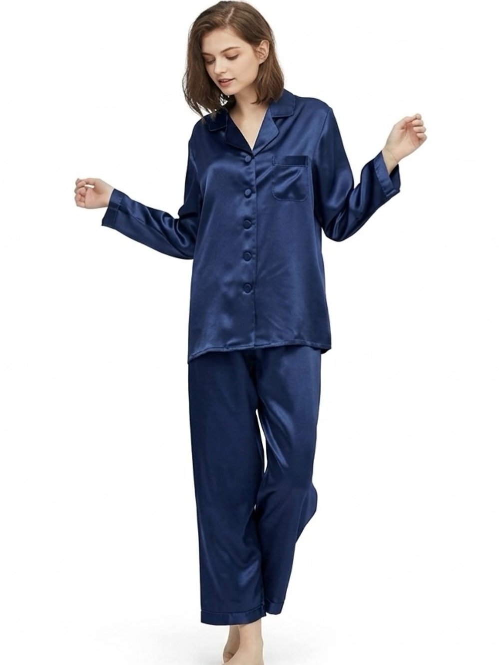 LILYSILK 100% Mulberry Silk Midnight Harmony Pajama Set Navy Blue Long Sleeve M